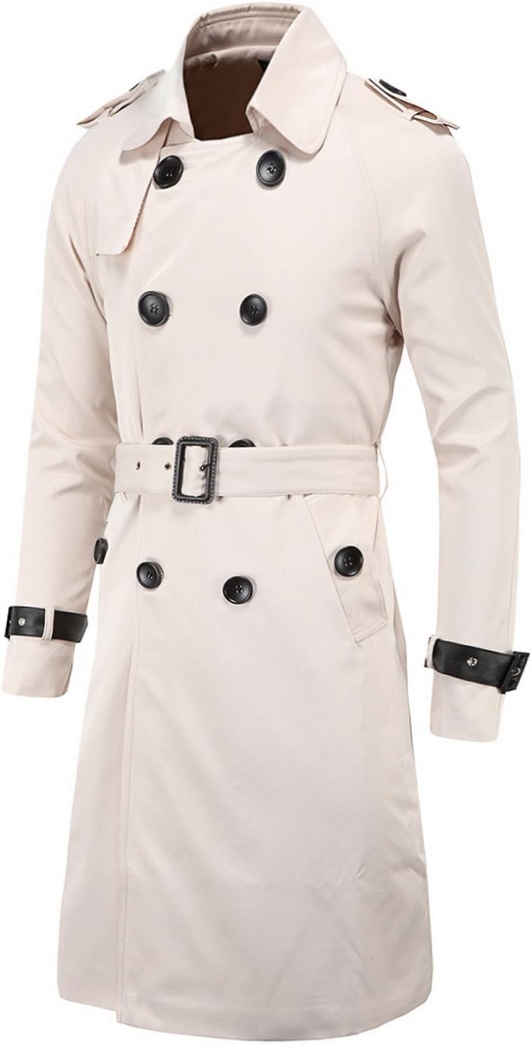 Elonglin Men's Trench Coat Long Double Button Down Jacket Military Trench Coat Slim Coat with Belt