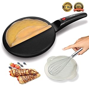 NutriChef AZPKCRM08 Electric Griddle Crepe Maker Cooktop-Nonstick 8” Pan Style Hot Plate with On/Off Switch, Automatic Temperature Control & Cool-Touch Handle, Food Bowl & Spatula Included, Black