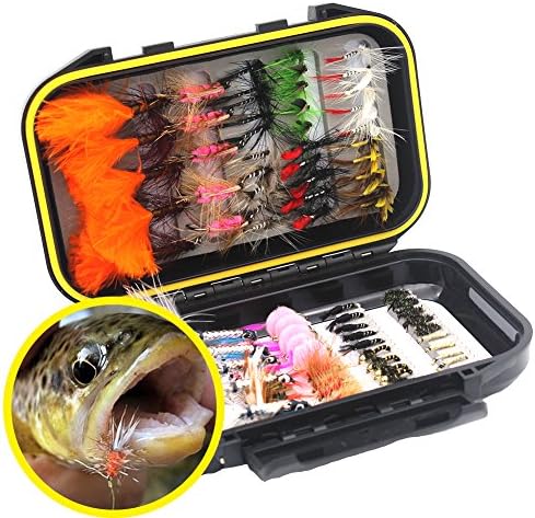 FlySoul Fly Fishing Flies Kit Handmade Fly Fishing Lures-Dry/Wet Flies,Streamer, Nymph, Emerger with Waterproof Fly Box (Black)