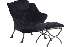 Givjoy Plush Lazy Chair and Ottoman, Large Contemporary Accent Lounge Chair with Armrests and a Side Pocket, Modern Leisure Upholstered Sofa Reading Armchair with Footrest for Bedroom, Living Room