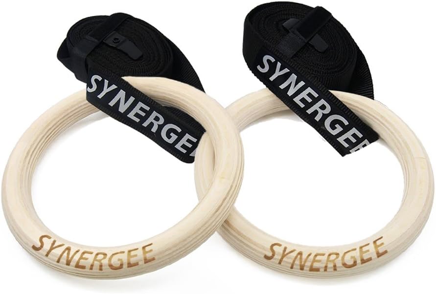 Synergee Wood Olympic Gymnastics Rings - 1.25" and 1" Grip - with Adjustable Straps for Crossfit Pull Up | Dips | Muscle Ups