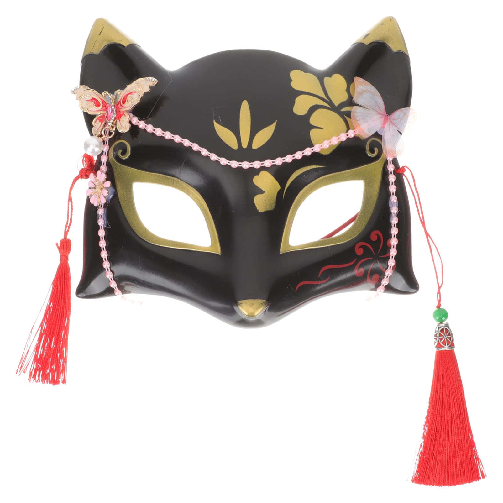 Didiseaon Fox Mask with Butterfly Fringe, Japanese Kabuki Half for Men Women for Halloween Costume,Masquerade Decor Accessories,Cosplay Prop-Black