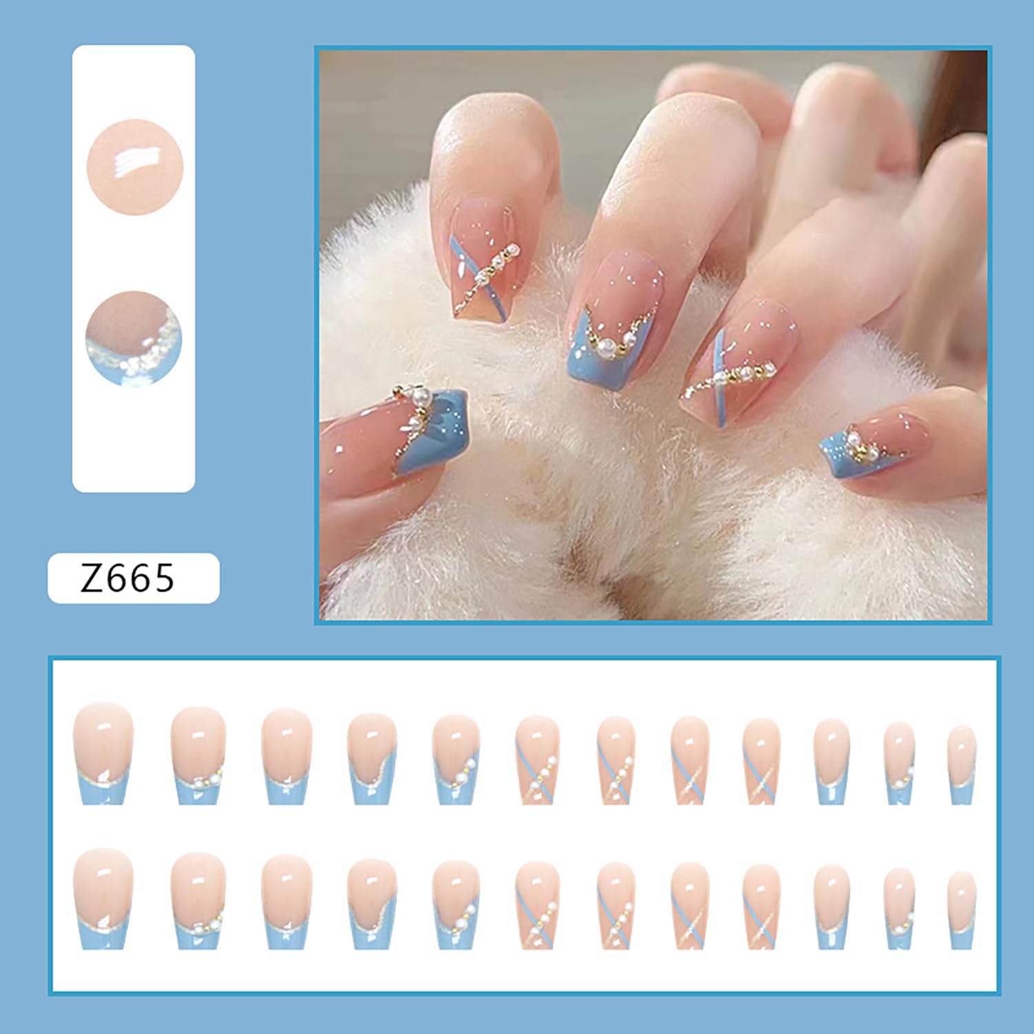 Blue French Press on Nails Medium with Pearl Design Cute Ballet Shaped False Nails Artificial Acrylic Coffin Nails Full Cover Reusable Fake Nails Nature Fit Stick on Nails Glue on Nails for Women - Image 4