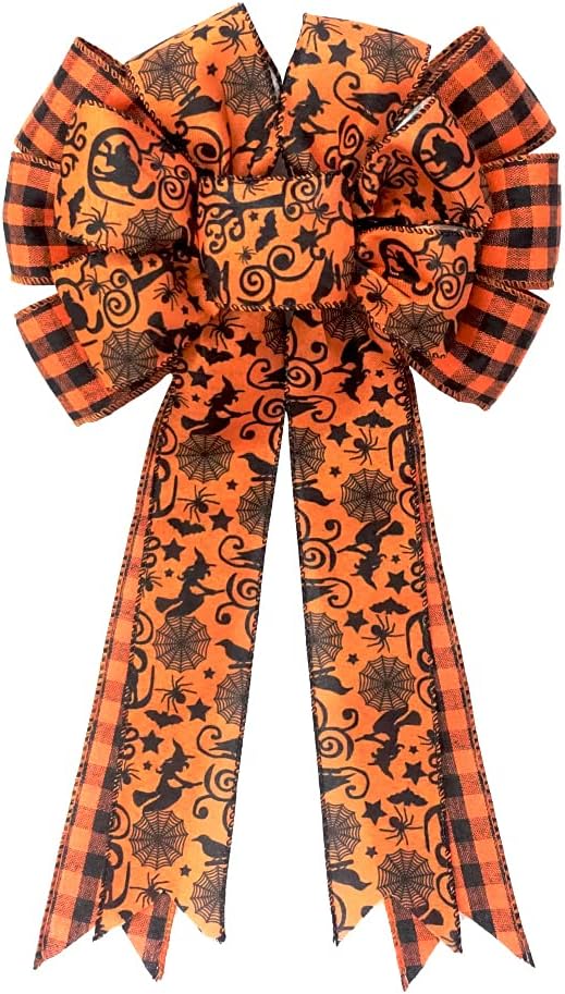 Bows & Ribbons - Halloween Wreath Bow Large Halloween Bow Tree Topper Black Orange Buffalo Plaid Spide Web Bat Tree Patterns Gift Bows for Halloween Party Holiday Home Indoor Outdoor Basket Ornaments Decoration