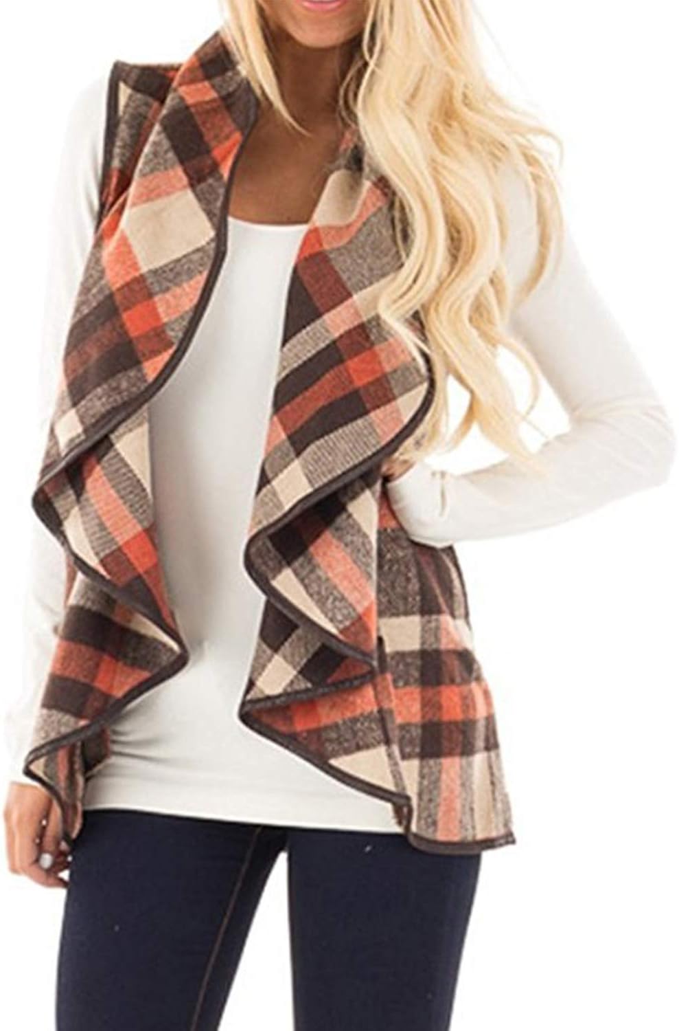 Yacun Women Plaid Vest Open Front Flannel Buffalo Sleeveless Cardigan