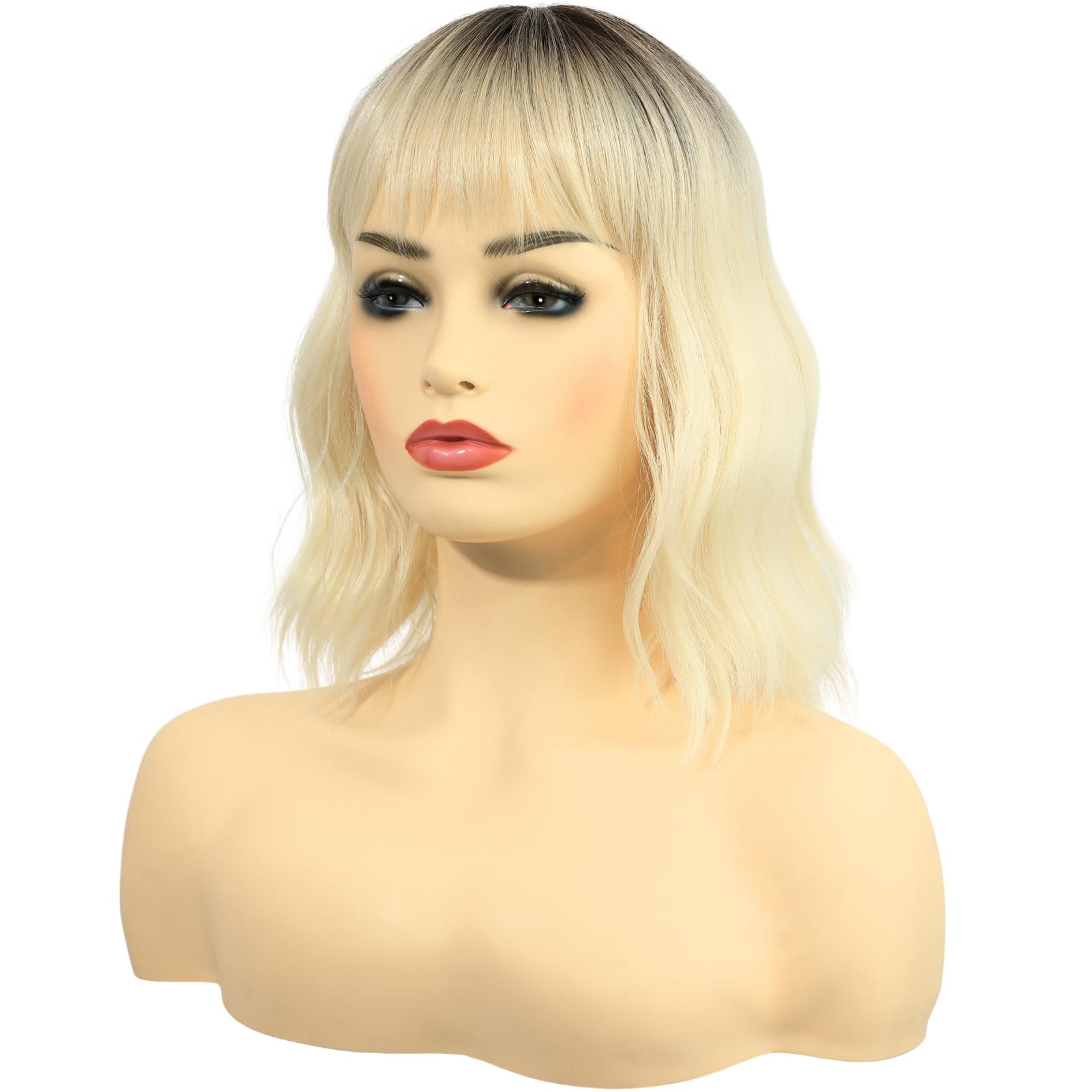 Photo 1 of AMZCOS Short Wavy Blonde Ombre Wigs with Bangs Natural Heat Resistant Synthetic Hair Wig, Perfect for Women Daily Wear, Cosplay Events, Costume, Halloween Party