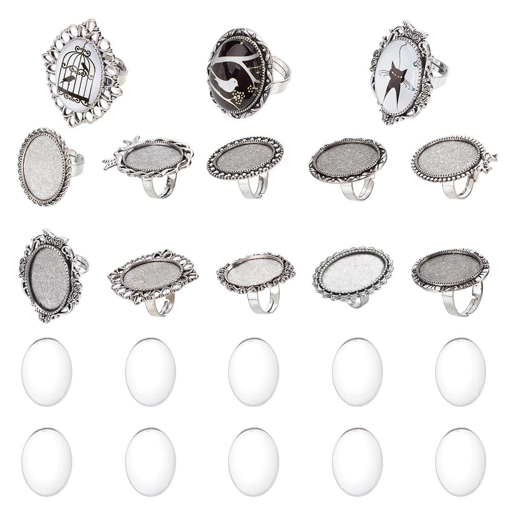 SUNNYCLUE 10Pcs Glass Cabochon Rings Bezel Blank Rings Oval Cabochon Rings Flower Bird Retro Ring Components Glass Cabochons Tibet Style Finger Ring Blanks for jewellery Making Kits DIY Craft Supplies