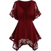ROSE GAL Women's Plus Size Flower Lace T-Shirt Curve Flower Lace Insert Criss Cross Batwing Sleeve Handkerchief Top