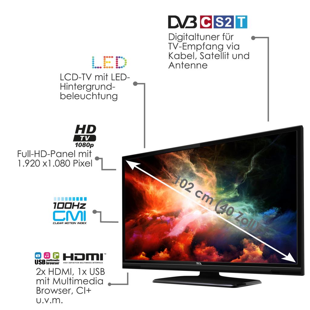 TCL L40E3005F 102 cm (40 Zoll) Fernseher (Full HD, Triple Tuner ...