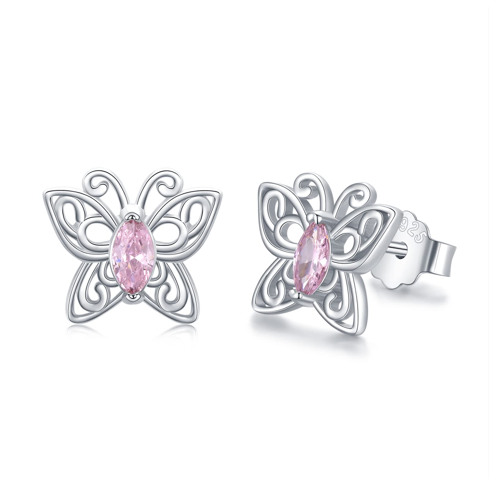 Butterfly Earrings for Women 925 Sterling Silver Butterfly Stud Earrings with Pink Cubic Zirconia Butterfly Jewellery Gifts for Girls Daughter