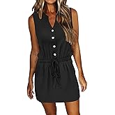 AUSELILY Womens Summer Dresses 2026 Casual V Neck Sleeveless Drawstring Button Mini Dress with Pockets