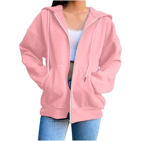 DOPRISIC Hooded Sweatshirt with Zipper Pink Hoodie Women Zip Up