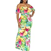 Women's Off Shoulder Maxi Dress Sexy Hawaiian Floral Long Party Dresses