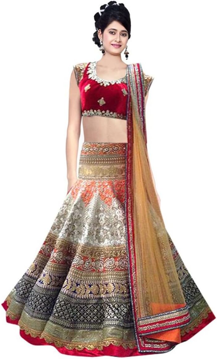 SNREKS COLLECTION Red and White Coloured Pure Mono Net Special Indian Designer Lehenga Choli (Red)