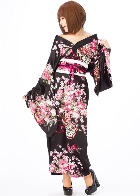 Amazon 花魁系 おいらん 着物ロングドレス 肩出しok ガウンタイプ レディース ポリエステル 浴衣 桜 ぼたん柄 黒ブラック Ac54 Julius 服 ファッション小物 通販