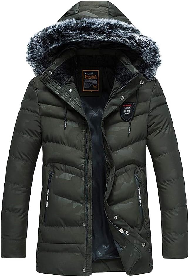 KUDICO Mens Winter Warm Coat Vintage Camouflage Hooded Jacket Mid-Length Plus Velvet Thickened Cotton Overcoat with Zipped Pocket