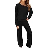MEROKEETY Women's Fall Pajama Set Fuzzy Fleece 2 Piece Loungewear Off Shoulder Sweater Tops Wide Leg Pants Matching Outfits