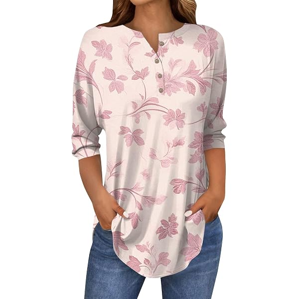 Pwidon Womens Tops 3/4 Sleeve V Neck Collared Tshirts Dressy Solid Color Three Quarter Length Blouse Summer Casual Golf Basic Tees Brown S