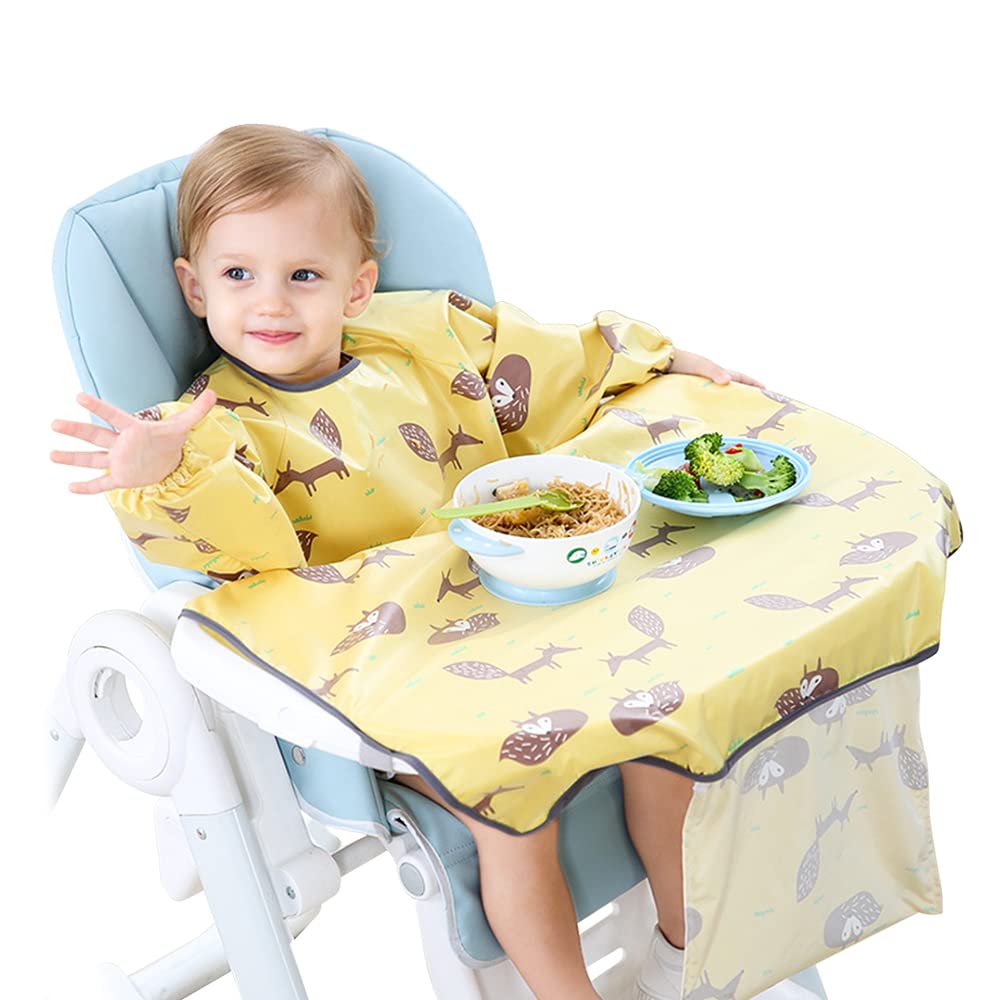 Tyuodna Coverall Bibs for Baby & Toddler, Unisex Waterproof Bibs with Sleeves, Weaning Bibs, High Chair Bib Cover, Washable Toddler Apron for 3-36 Months Kids Eating and Painting, Yellow Fox