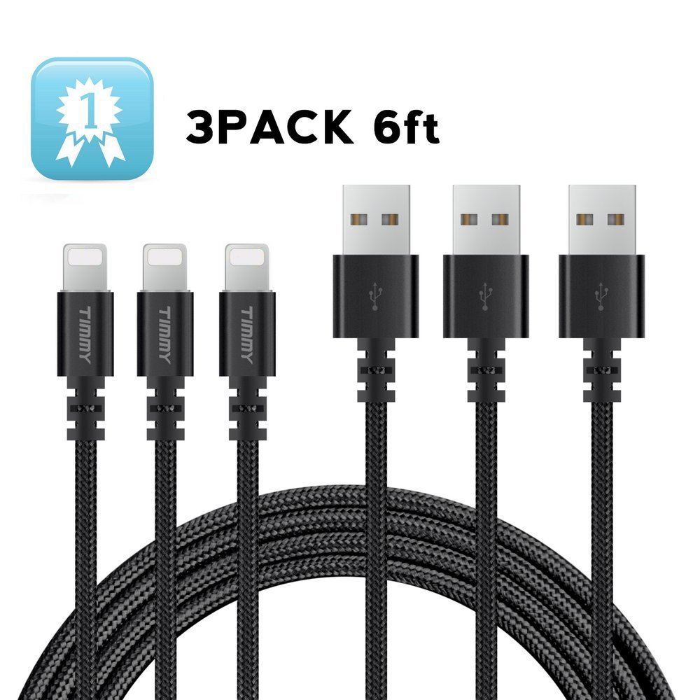 Lightning cable TIMMY 3Pack 6FT Nylon Braided  IPhone Charger certified to charging Cable with charging indictor powerline for iPhone 5/5C/5S/6S/6S PLUS/7/7 plus, iPad Air, and more (Black)