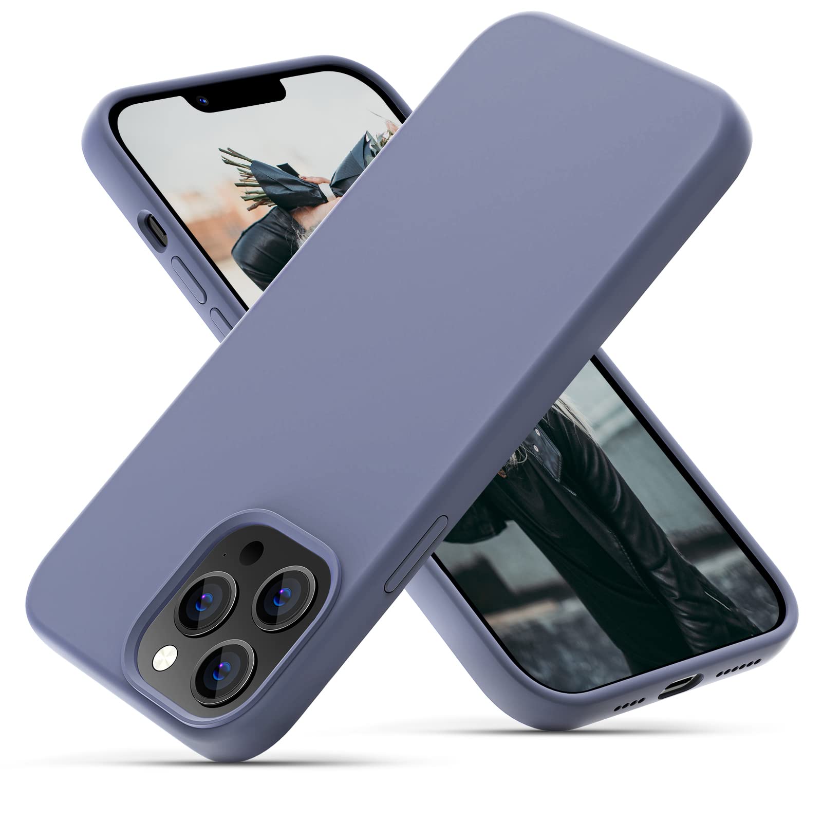 OIIAEE Silicone Case Designed for iPhone 13 Pro Max Case, Ultra Slim Shockproof Protective Liquid Silicone Phone Case with Soft Anti-Scratch Microfiber Lining, 6.7 inch, Lavender Gray