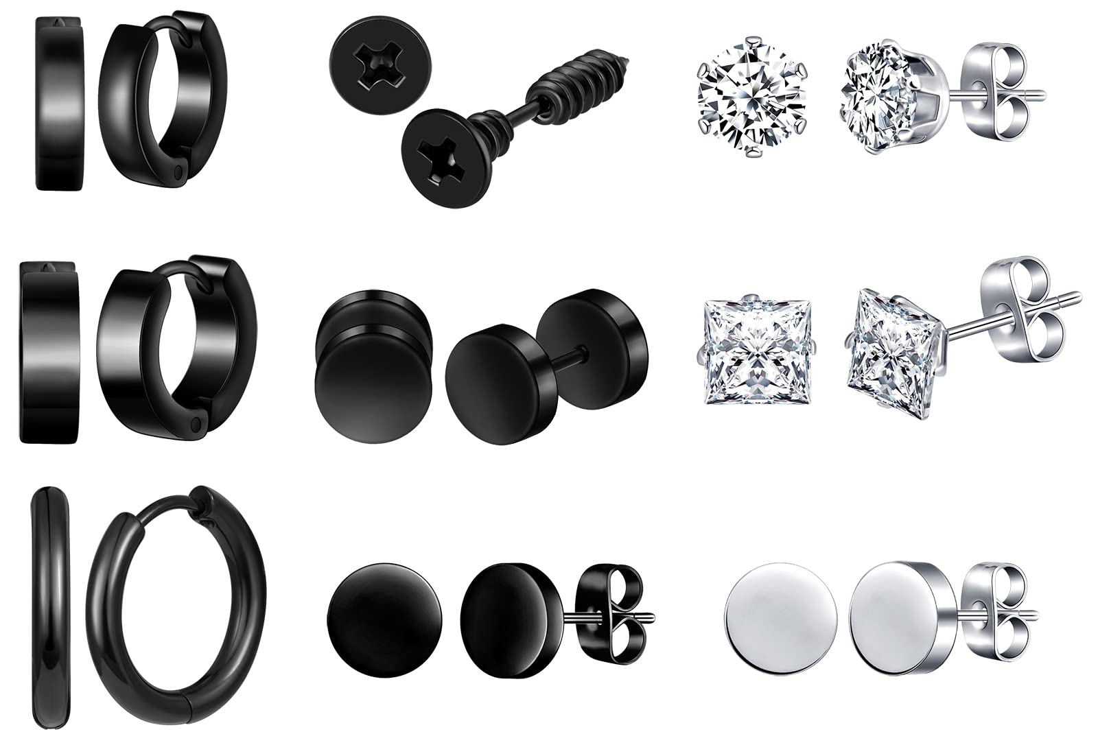 Feilok 9 Pairs Stainless Steel Huggie Hoop Mens Stud Earrings Set Piecing Unisex Jewellery Set for Women Men Girls