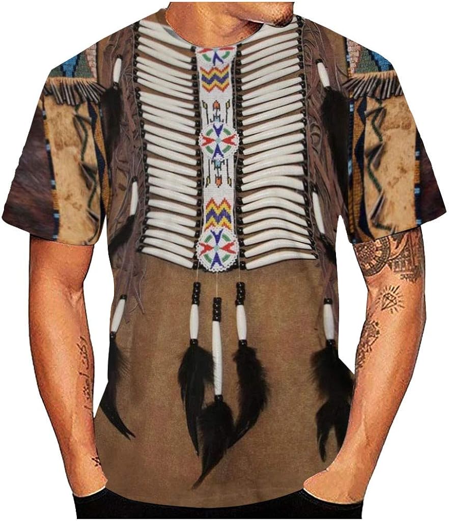 POQOQ T-Shirt Mens 3D Vintage Ethnic Style Print O-Neck Short Sleeve Blouse Top