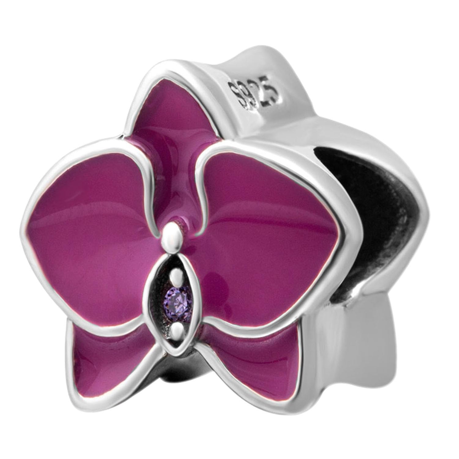 925 Sterling Silver Orchid Charm Flower Charm Anniversary Charm Christmas Charm Heart Love Charm Family Charm for Pandora Bracelet (Fuschia)