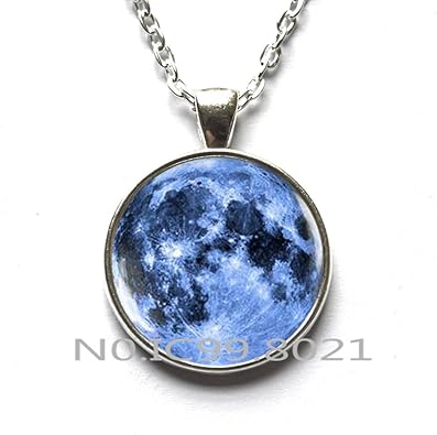 Amazon Com Blue Moon Necklace Full Moon Necklace Moon Pendant Galaxy Space Blue Necklace Moon Jewelry A050 Jewelry