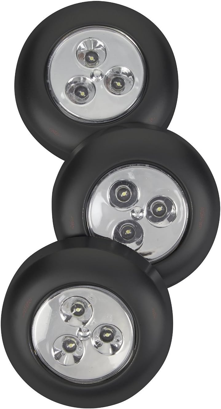 MHY LED Battery-Operated Stick-On Tap Light, 3 LED Puck Light Bulb, Cool White, Wireless Night LightPack of 3 (3) (Black)