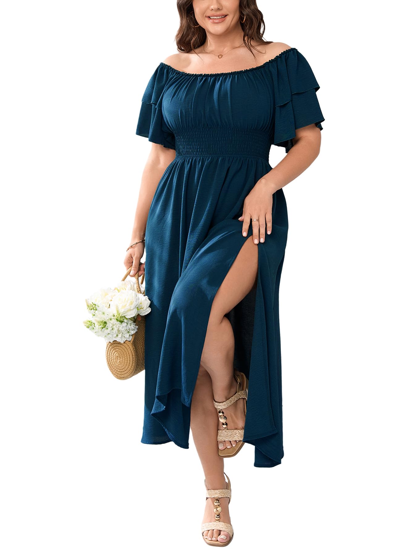 Photo 1 of CICIDUDU Plus Size Maxi Dress Off The Shoulder Ruffle Smocked Wedding Guest Cocktail Slit Hem Flowy Dresses for Curvy Women Lake Blue
