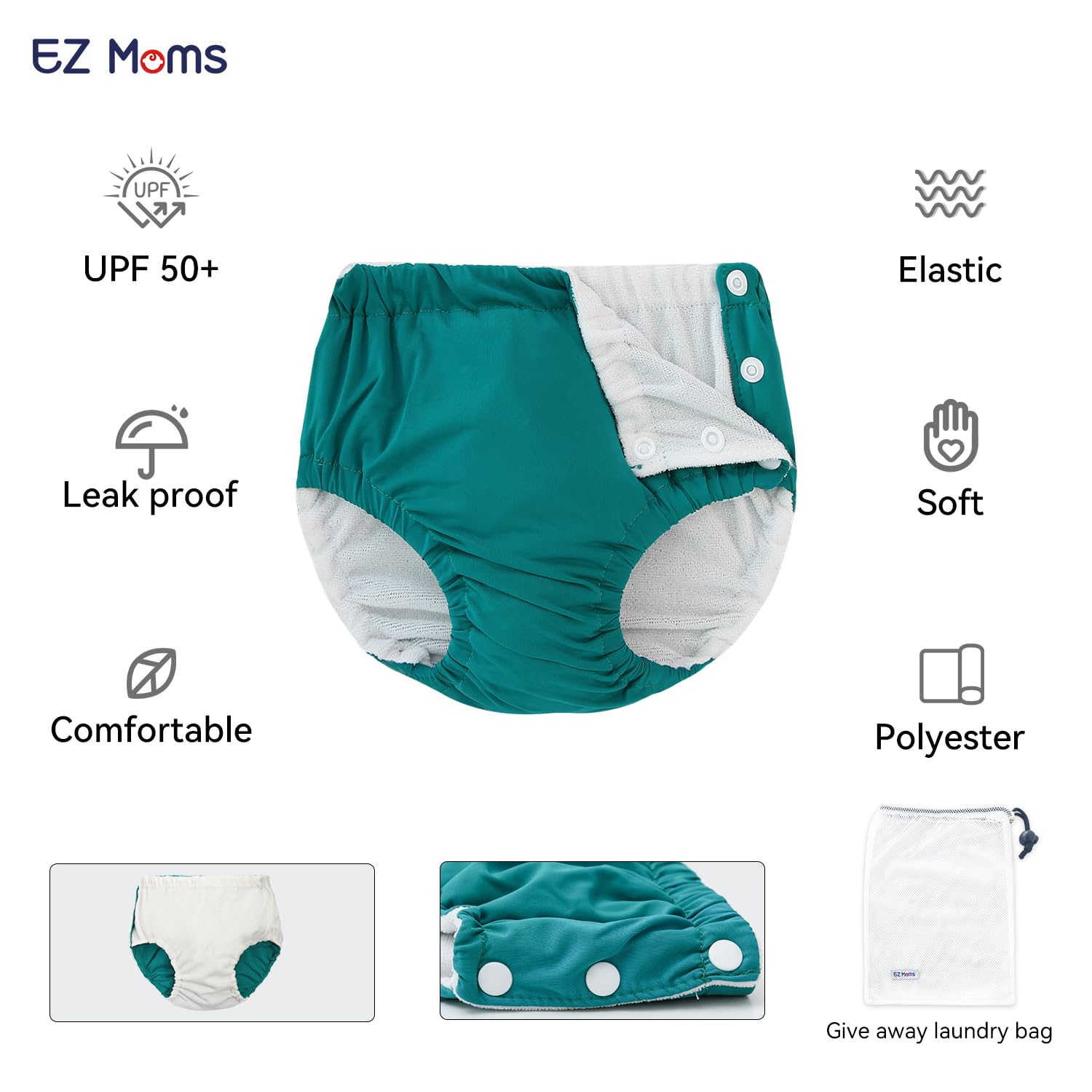 EZ Moms 2 Packs Reusable Swim Diapers Toddler Baby Swim Diaper Size 2 Washable Snap Pool Swimming Diaper 2T Soft and Silky Waterproof Diapers for Swimming Lessons Boys and Girls with a Laundry Bag