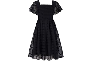 Kids4ever 6-12T Girls Chiffon Dress with Solid Pom Poms & Flutter Ruffle Short Sleeve Kids Lace Square Neck Frocks