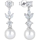 FATACI Women Earrings 925 Sterling Silver Pearl Dangle & Drop Earrings with 5A Cubic Zirconia for Mom Mother Wife Daughter Grandma Jewelry Gifts