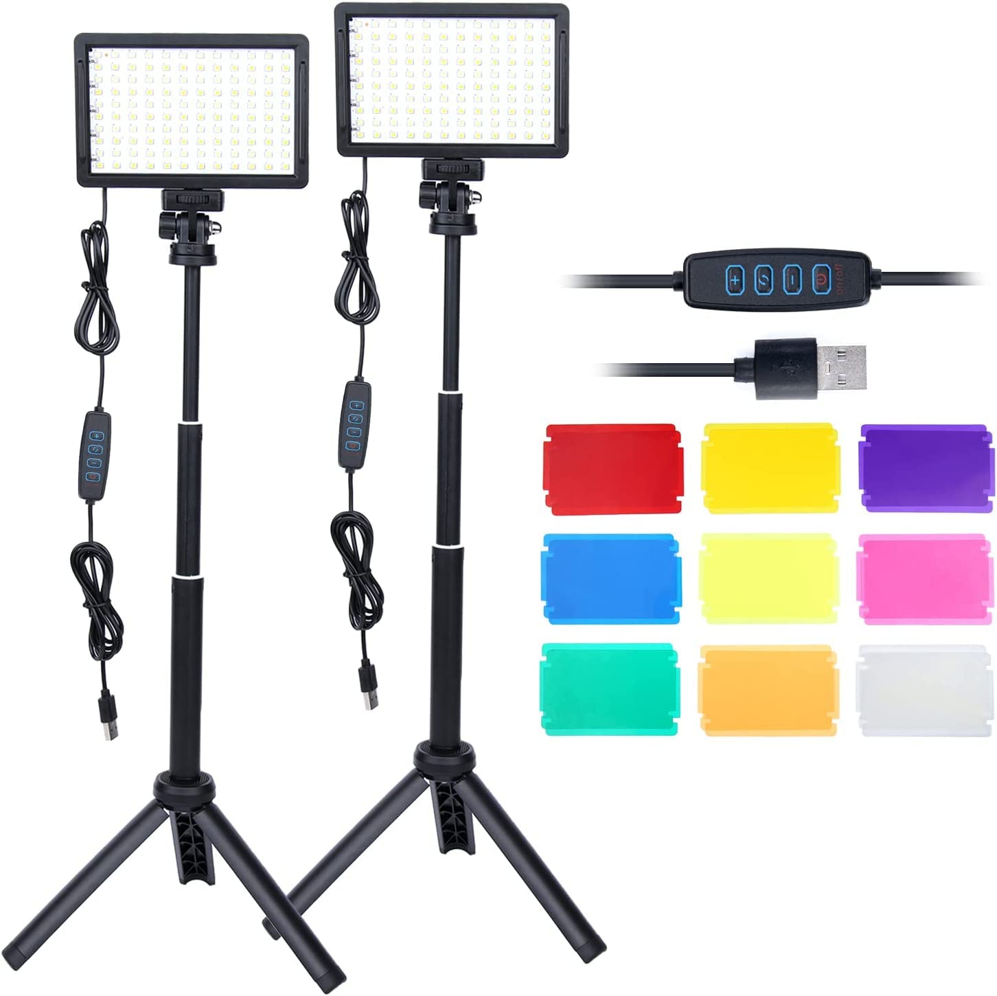 2Packs LED Video Light Kit with Adjustable Tripod Stands,Dimmable 10000K USB Video Photography Streaming Lighting with 9 Color Filters for Low-Angle Studio Shooting,Video Recording Conference YouTube