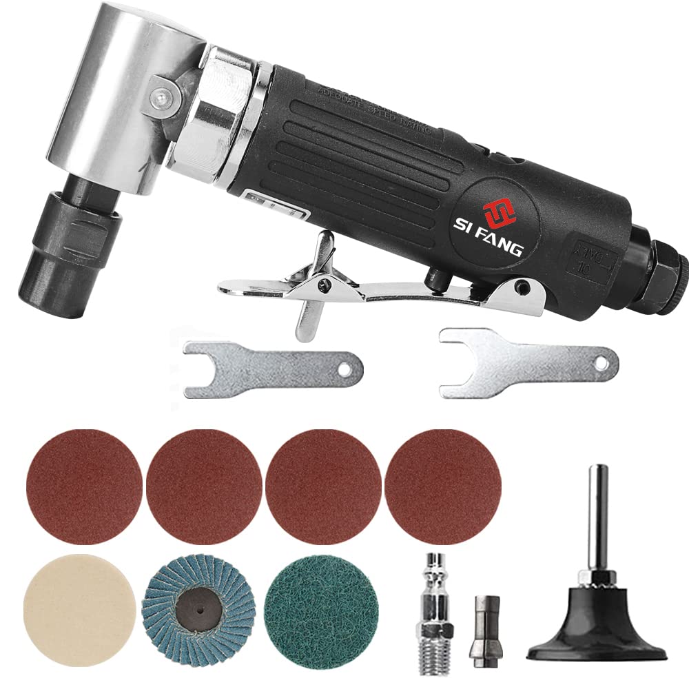 SI FANG Right Angle Air Die Grinder Kit, 90 Degree Compressed Die Grinder with 50mm Roll Lock Sanding Discs Mix Polishing Set, 20,000 RPM Professional 1/4" Mini Pneumatic Sander Polisher Grinding Tool