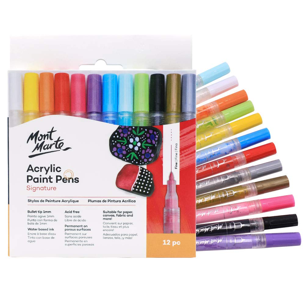 MONT MARTE Acrylic Paint Pens Set – 12 Pieces – Acrylic Markers with fine 1mm Tip – For Drawing, Handlettering, Journaling, painting Stones