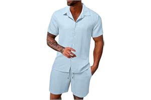 Men Cotton Linen Sets 2026 Summer Lounge 2 Piece Outfits Short Sleeve Button Down Shirts and Shorts Set Beach Vacation Outfit