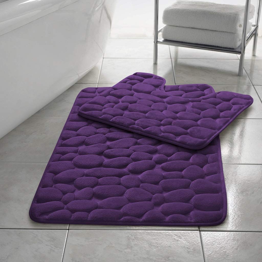 Velvet Stitch Memory Foam Pebbles Bath Mat Non Slip Bathroom Rug Set Of 2 Bath Mats Absorbent, Soft & Comfortable, Easy To Clean Pedestal Bathroom Rugs (Plum)