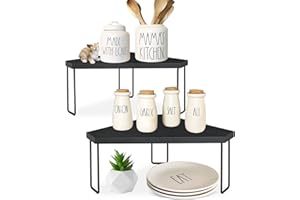AMEUPHERCY Countertop Organizer Corner Shelf, Wood Counter Stackable Corner Tray Riser Shelves Cabinet Corner Shelves Spice Rack Organizer Kitchen Counter Corner Shelf,Countertop Organizer Racks, Black…