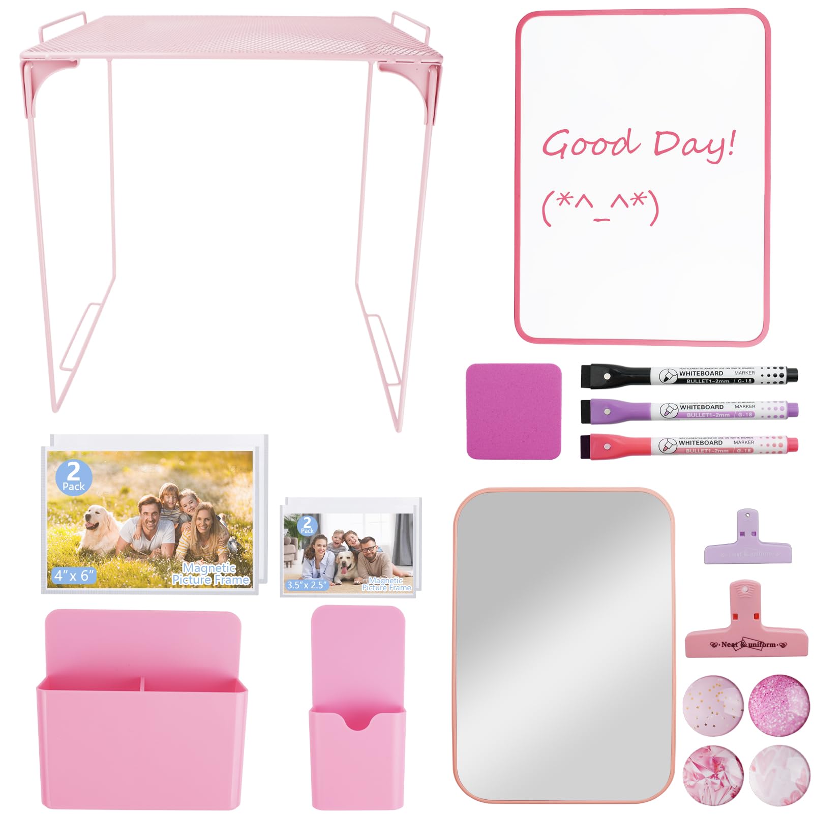 Photo 1 of 19 PCS Locker Accessories with Locker Shelf, Pink Locker Decorations for Girls, Back to School Essentials Magnetic Locker Organizer, Mirror, Whiteboard, Pen Holders, Magnetic Picture Frame and Magnets