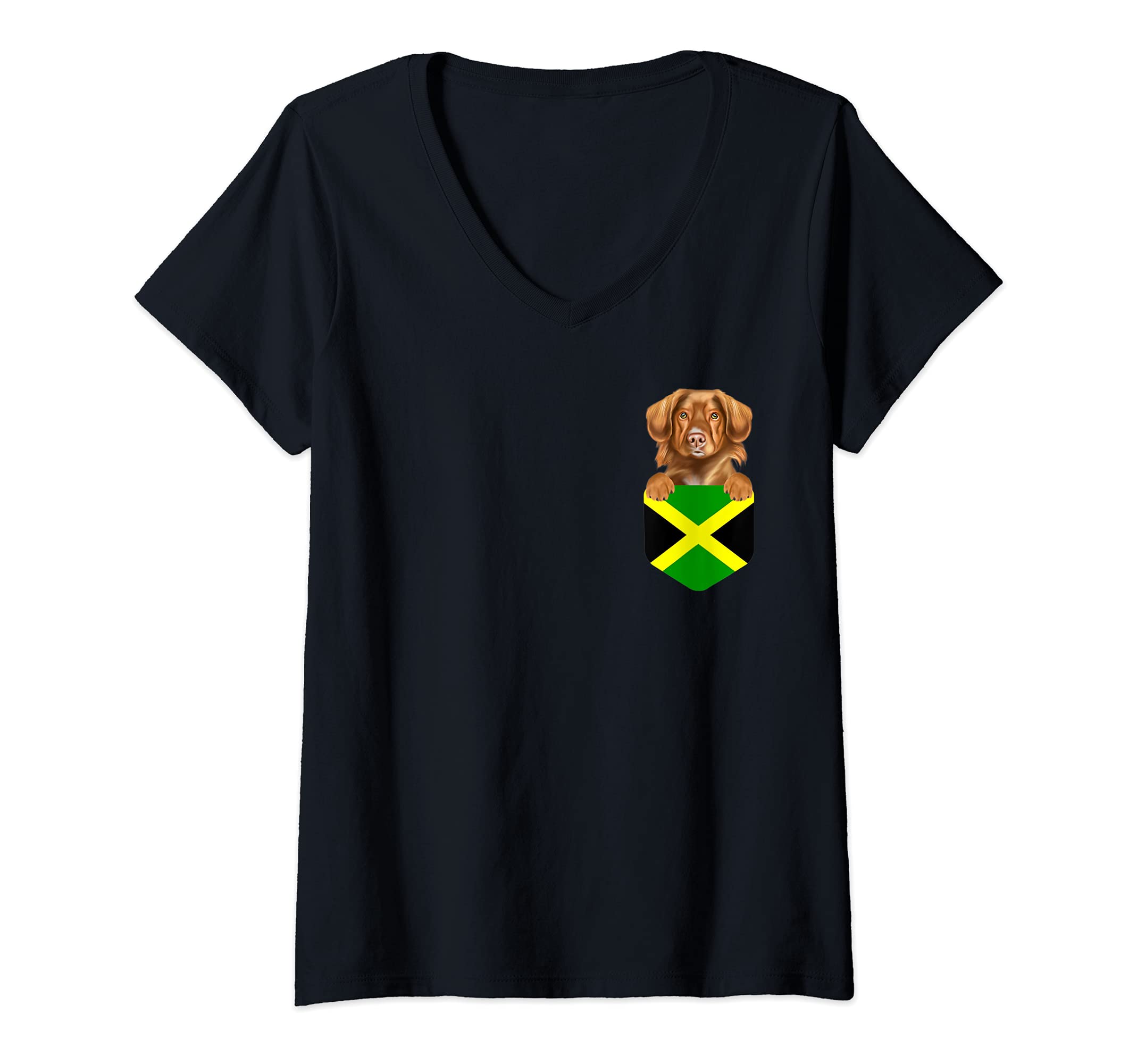 Womens Jamaica Flag Duck Tolling Retrievers Dog In Pocket V-Neck T-Shirt