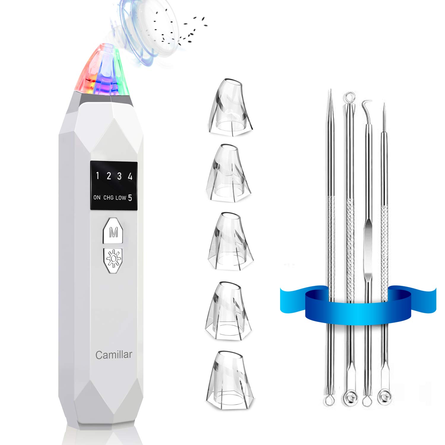 Blackhead Remover, Electric Pore Vacuum Facial Pore Cleaner Acne Comedone Extractor Kit with 3 Skin Repair Lamps, 5 Probes, 5 Suction Power and LED Display USB Rechargeable for All Skin Treatment