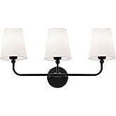 METWET Bathroom Light Fixtures, Matte Black Vanity Lights with Flared White Fabric Shade, 3 Light Wall Sconce, Modern Sconces