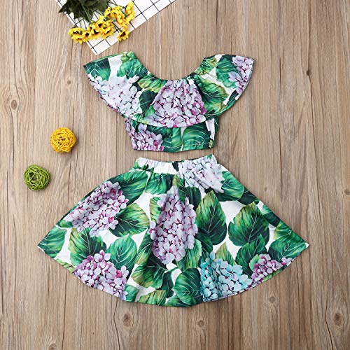 Toddler Baby Girls Ruffle Strap Top+Boho Floral Skirt Summer Outfit Clothes Two Piece Set (Full Floral-Hydrangea, 2-3T) - Thumbnail 2