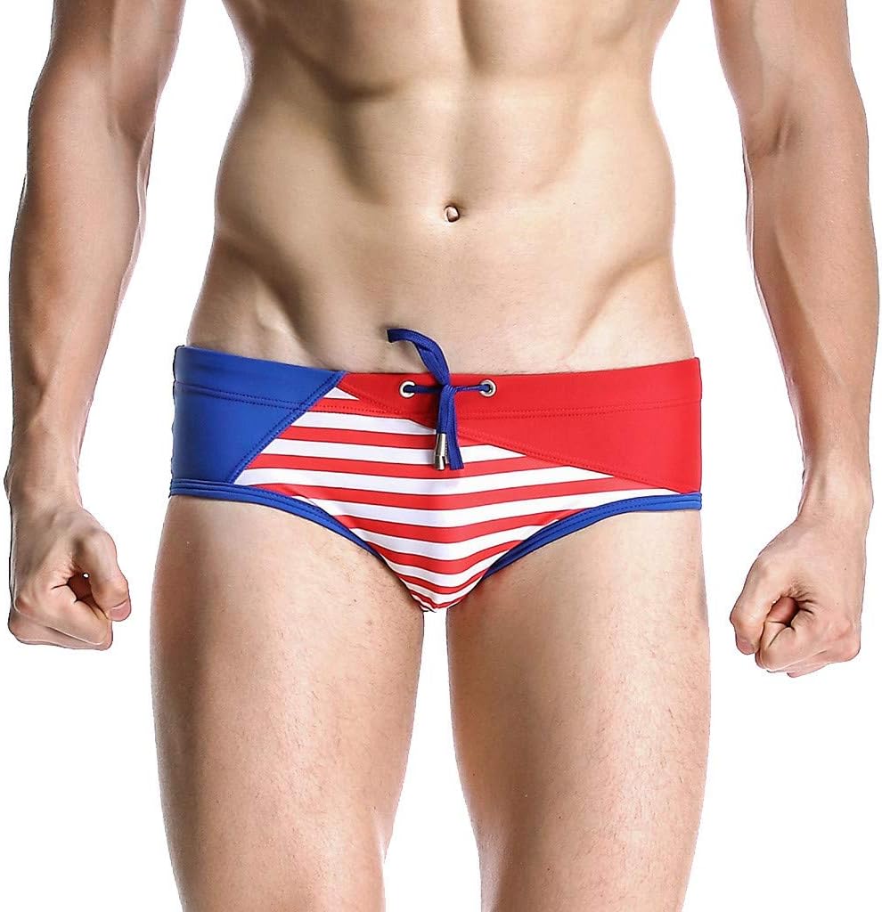 Big Sale! Wintialy Mens Brand Stripe Sexy Breathable Splicing Bulge Briefs Swimming Trunks Swimwear