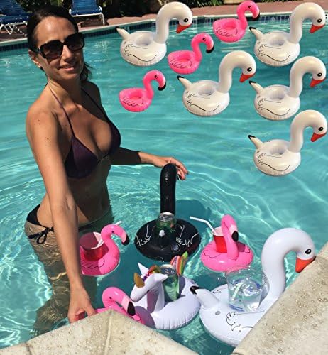 14pc Inflatable Drink Holders by Party Kitz | Unicorn, Black Swan, 6-White Swans and 6-Small Pink Flamingos for Pool, Lake, Hot Tub or Party Decorations