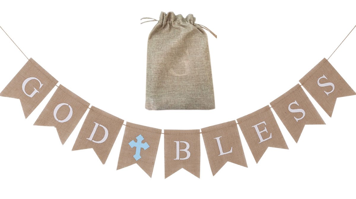 Burlap Communion Party Banner, Baptisim Christening Decoration God Bless Banner, Swallow-Tailed DIY Decoration for Wedding, Baby Shower Party - (LakeBlue-Rope Through)