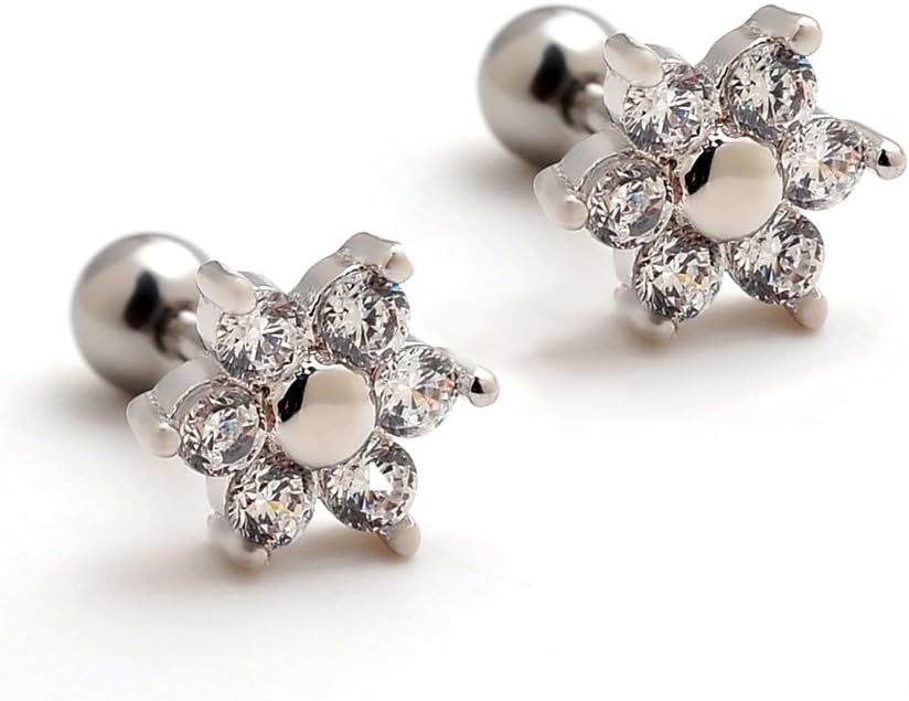 2 Pieces 16g 8mm Zircon Flower Ear Cartilage Helix Studs Earrings Auricle Piercings 16 Gauges 1/4" Bar