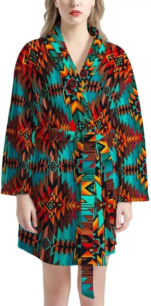 WELLFLYHOM Aztec Tribal Ethnic Style Women's Robes Knee Length Kimono Bathrobe One Size